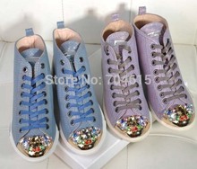 Hot sale new free shipping womens real leather snake brand purple blue lace-up metal crystal rhinestone toe sport sneaker shoe