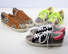 2014 new free shipping womens real leather brand three colors snake effect flat lace-up rivet studded running sport sneaker shoe