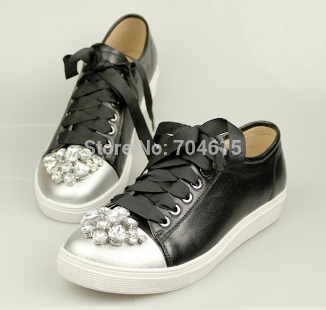2014 new model free shipping womens patent leather brand white black color flat lace up crystal