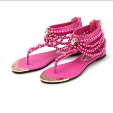 2014 New Arrival Big Size 35-40 Blue Apricot Pink Beading Fashion Sweet Casual Women Girls Sandy Beach Summer Flats Sandals L487