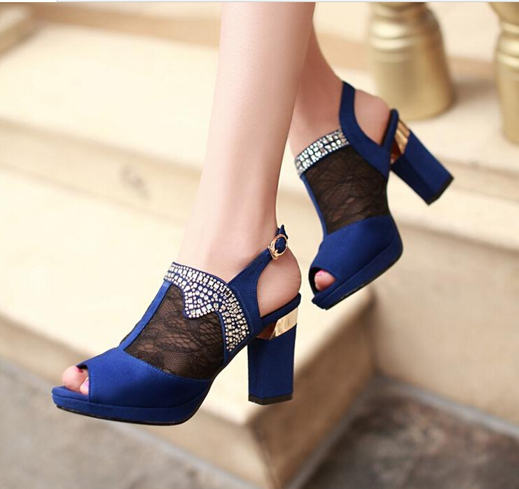 Free shipping 2014 Korean coarse lace high heeled sandals for women with Rhinestone women s sandals