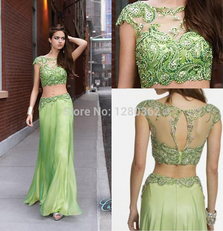 2014 Green Prom Dresses Piece Dress Beaded Sheer Crystals Indian Style ...