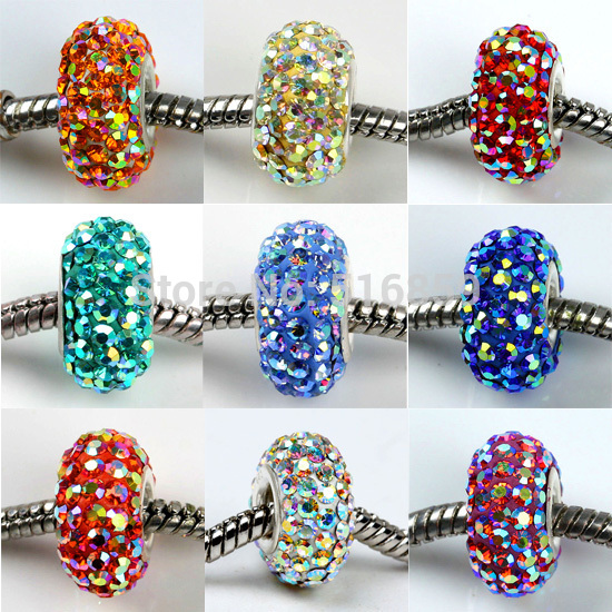 Wholesale New 14x8mm Solid AB Czech Crystal 925 Sterling Silver Core Loose European Charm Round Beads