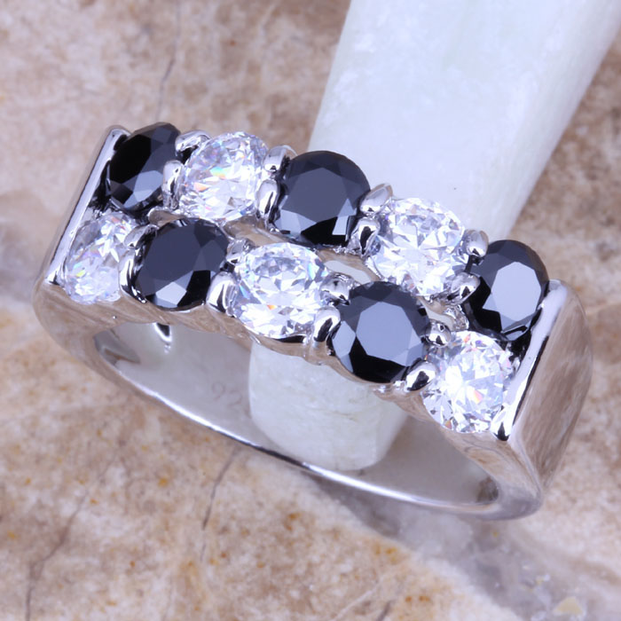 Black Sapphire White Topaz Silver Stamped 925 Women's Jewelry Ring ...