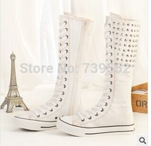Women’s boots, 2014 new fashion punk rivet side zipper lace black + white canvas shoes Tall Round  Size :4.5-8