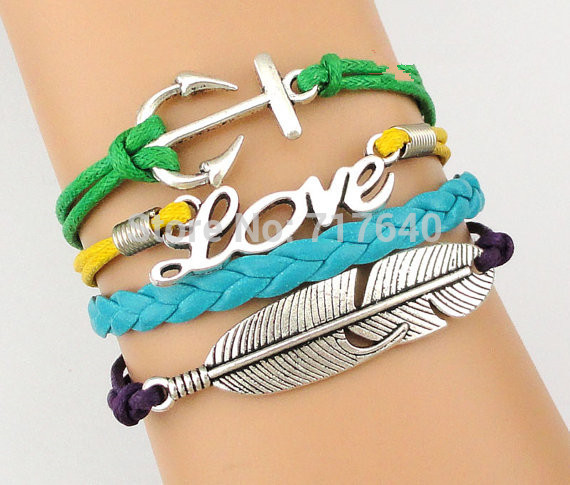 Anchor Love Feather Charms Braided Leather New Bracelet 22 colors are Available 6pcs lot Free Shipping