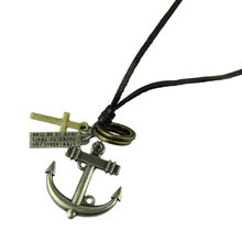 Delicate 2014 Fashion Jewelry Necklace Cow Leather Men Necklace Punk Retro Cross Anchor Pendants Necklace Long