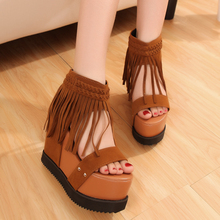 2014 summer gladiator style creepers platform wedges women velvet tassel sandals sandalias femininas