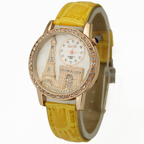 High Quality Yellow Women s Girls Ladies Jewelry Diamond Eiffel Tower Stylish Quartz Wrist Watches Free