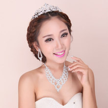 Luxurious Rhinestone Crystal Three Piece Set Aesthetic Necklace Earrings Tiara Marriage Accessories Wedding Bridal Jewelry Sets