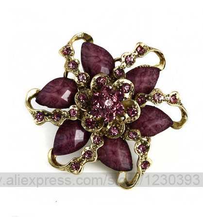 2 pcs Fashion Gift 2 8 LARGE GOLD FLOWER VINTAGE GREEN PURPLE BROOCH TURQUOISE RHINESTONE CRYSTALS