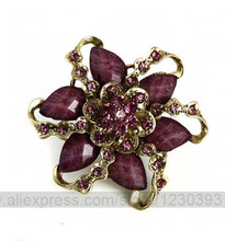 2 pcs  Fashion Gift   2.8″ LARGE GOLD FLOWER VINTAGE GREEN /PURPLE  BROOCH TURQUOISE RHINESTONE CRYSTALS BROACH