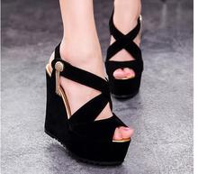 2014 NEW summer sexy peep toe chain high-heeled hollow sandals fashion women cross tied wedge thick bottom shoes platform pump