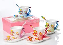 Discount 3Pcs Peacock Franz Porcelain Coffee and Tea set Cup / saucer / Spoon 4 COLOR