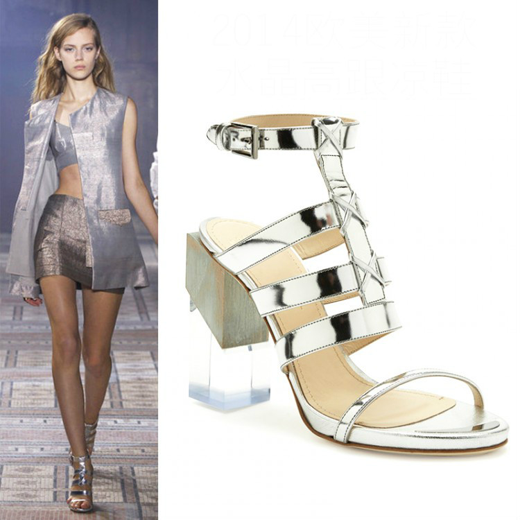 2014 New Genuine Leather Women High Heels Summer Open Toe Square Heel Women Pumps Gillter Decoration