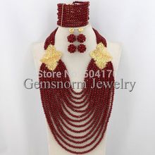 Free Shipping 2014 Latest Chunky African Bridal Beads Necklace Sets Red Nigerian Wedding Beads Jewelry Set