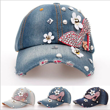 2014 new Retail Diamond Point High-heeled shoes denim caps women baseball cap men Hats rhinestone print