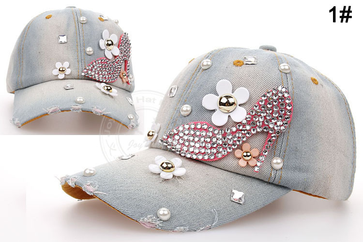 2014 new Retail Diamond Point High heeled shoes denim caps women baseball cap men Hats rhinestone