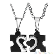 1 Pair 2014 New Men s Women s Stainless Steel Love Heart Puzzle Pendant Necklace for