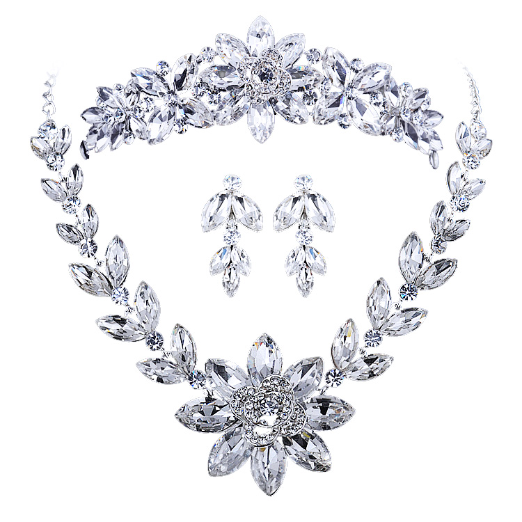 Flower White Rhinestone Crystal Three Piece Aesthetic Bridal Necklace Earrings Tiara Marriage Accessories Wedding Jewelry Sets