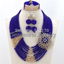 2015 New Nigerian Wedding African Beads Jewelry Set Handmade Blue Gold Crystal Beads Jewelry Set Free