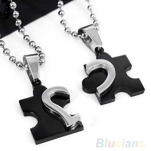 1 Pair 2014 New Men s Women s Stainless Steel Love Heart Puzzle Pendant Necklace for