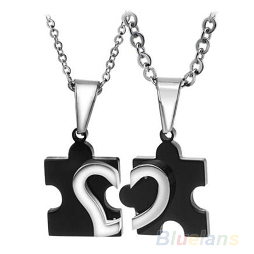 1 Pair 2014 New Men s Women s Couple Lovers Stainless Steel Love Heart Puzzle Necklaces