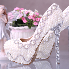 White ultra high heels wedding shoes elevator women’s platform shoes wedding shoes pearl rhinestone thin heels bridal shoes