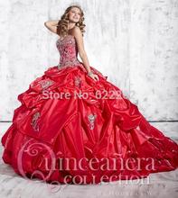 Fast Delivery Ball Gown Sweetheart Quinceanera Dresses Floor Length Red Ruched Taffeta Crystal Prom Long Dress