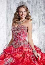 Fast Delivery Ball Gown Sweetheart Quinceanera Dresses Floor Length Red Ruched Taffeta Crystal Prom Long Dress