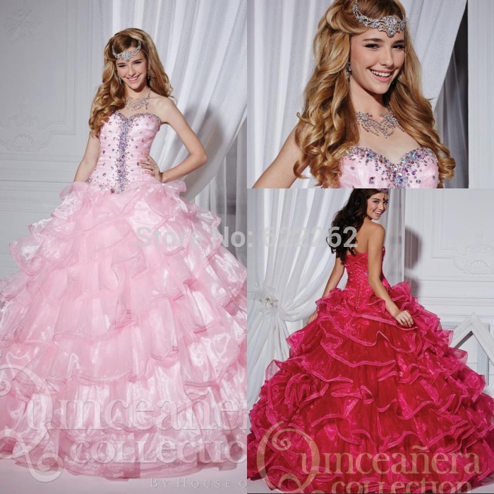 Charming Stunning Ball Gown Sweetheart Floor Length Organza Ruched Red Pink Crystal Lace Up Fashionable