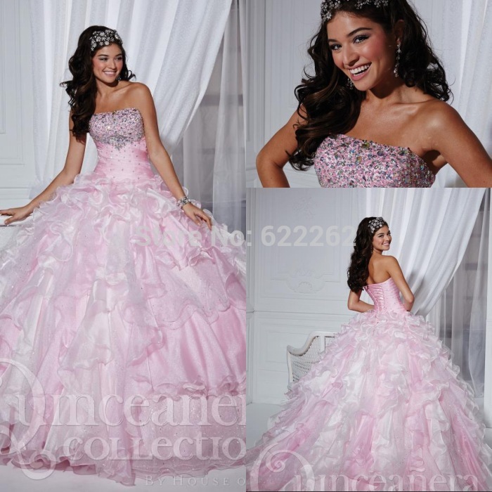 Fast Delivery Ball Gown Sweetheart Floor Length Organza Pink Quinceanera Dresses Beaded Sequins Lace Up 