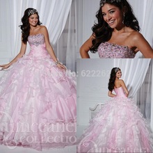 Fast Delivery Ball Gown Sweetheart Floor Length Organza Pink Quinceanera Dresses Beaded Sequins Lace Up