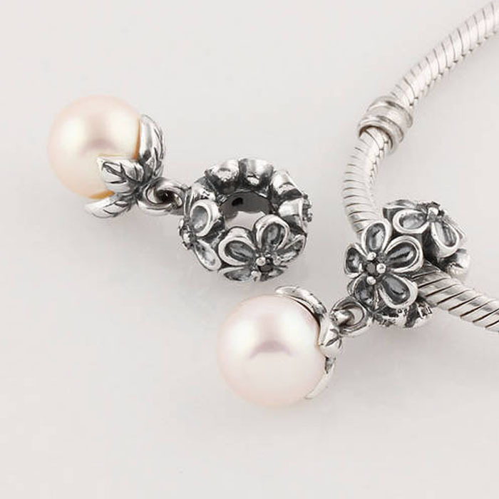 Authentic 925 Sterling Silver Black CZ Pearl Flora Pendant Charms Fits European Pandora Charm Bracelets Bangles
