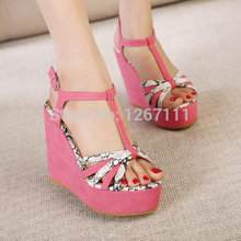 Casual 2014 Brand New Women Pumps Thick Wedges High Heels Platform Sexy Ladies Apricot Pink Shoes Buckle Cross-Straps Sandals 8