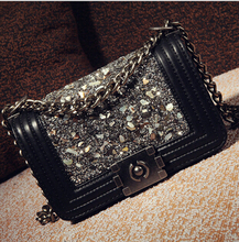 Special Offer!women messenger bags Rhinestone Rivet design chain PU leather handbag Shoulder Bag channell style women chain bags