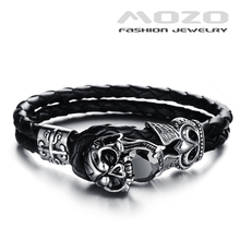Wholesale New 2014 Fashion jewelry Punk Skull Stainless Steel Black Genuine leather Personality Men Bracelet male Bangles TY846