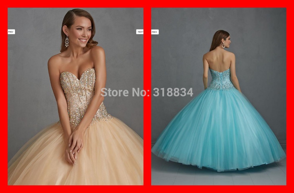 2015 Fashion Champagne Sky Blue Tulle Quinceanera Dresses With Crystals Beads Lace Up Backless Corset Strapless