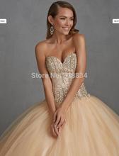 2015 Fashion Champagne Sky Blue Tulle Quinceanera Dresses With Crystals Beads Lace Up Backless Corset Strapless
