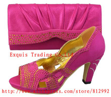 Free Shipping By DHL!!Fashion woman italian matching shoes  and bags set,party Italian shoe and bag sEt with rhinestone FUCHSIA