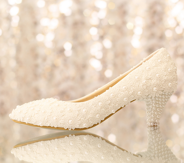 White flower lace wedding shoes pearl shoes bridal shoes princess single shoes women pumps