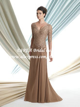 Sexy V Neck Tan Lace Mother Of the Bride Dresses Half Sleeve XG474 Chiffon Long Beach Gowns Evening