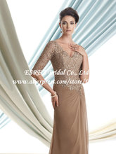 Sexy V Neck Tan Lace Mother Of the Bride Dresses Half Sleeve XG474 Chiffon Long Beach