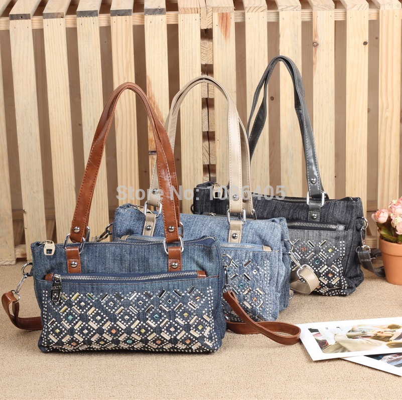 2014 New Vintage Fashion Zipper Jeans Shine Rhinestone Cotton Women HandBags Shoulder Totes For Evening Party
