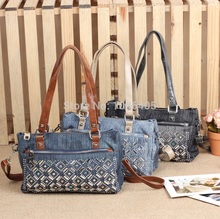 2014 New Vintage Fashion Zipper Jeans Shine Rhinestone Cotton Women HandBags Shoulder Totes For Evening Party