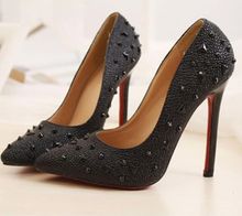 2014 New Sexy Ladies Pointed Toe Red Bottom High Heels Women Pumps Glisten Rivets Silver Black