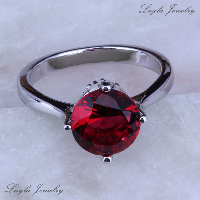 Cute Round Red Ruby Crystal Rings for Women Silver Platinum Plated Party Rings J0242