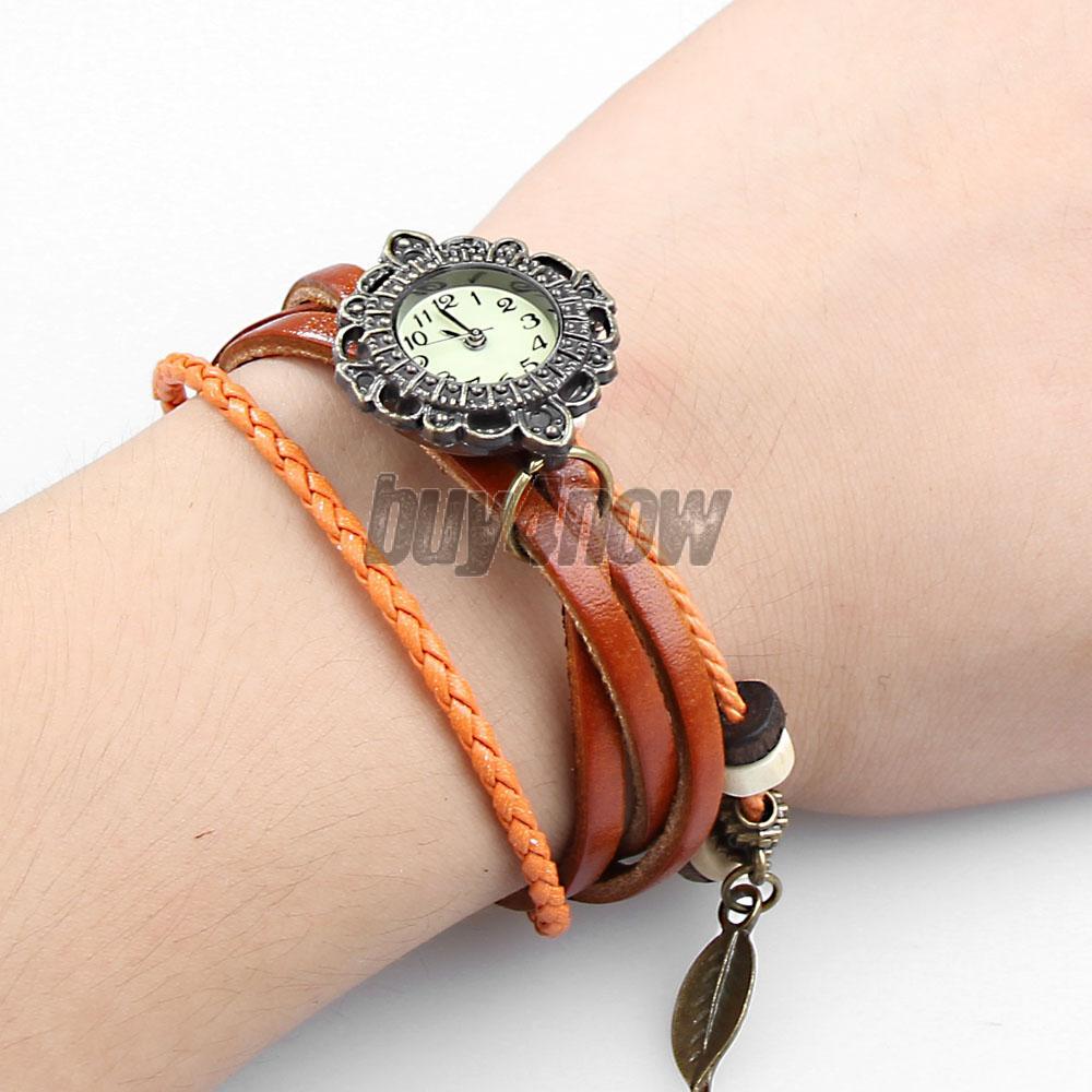 Light Brown Lady Weave Wrap around Faux Leather Quartz Bracelet Wrist Watch 1STL