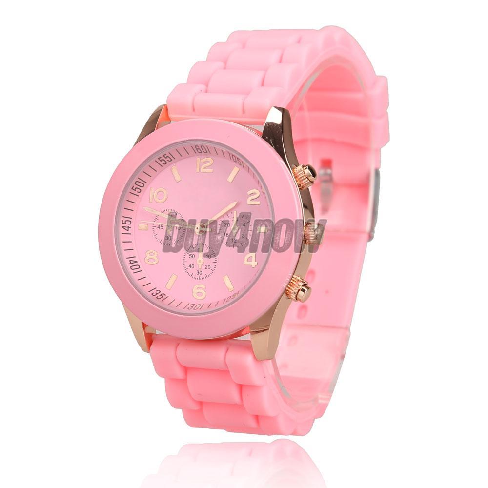 Lady Jelly Candy Color Wrist Watch Quartz Silicon Watchband Round Dial Pink 1STL