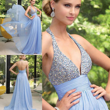 Free Shipping Modest Style A Line Low Back Floor Length Chiffon Beaded Halter Neck Prom Dress
